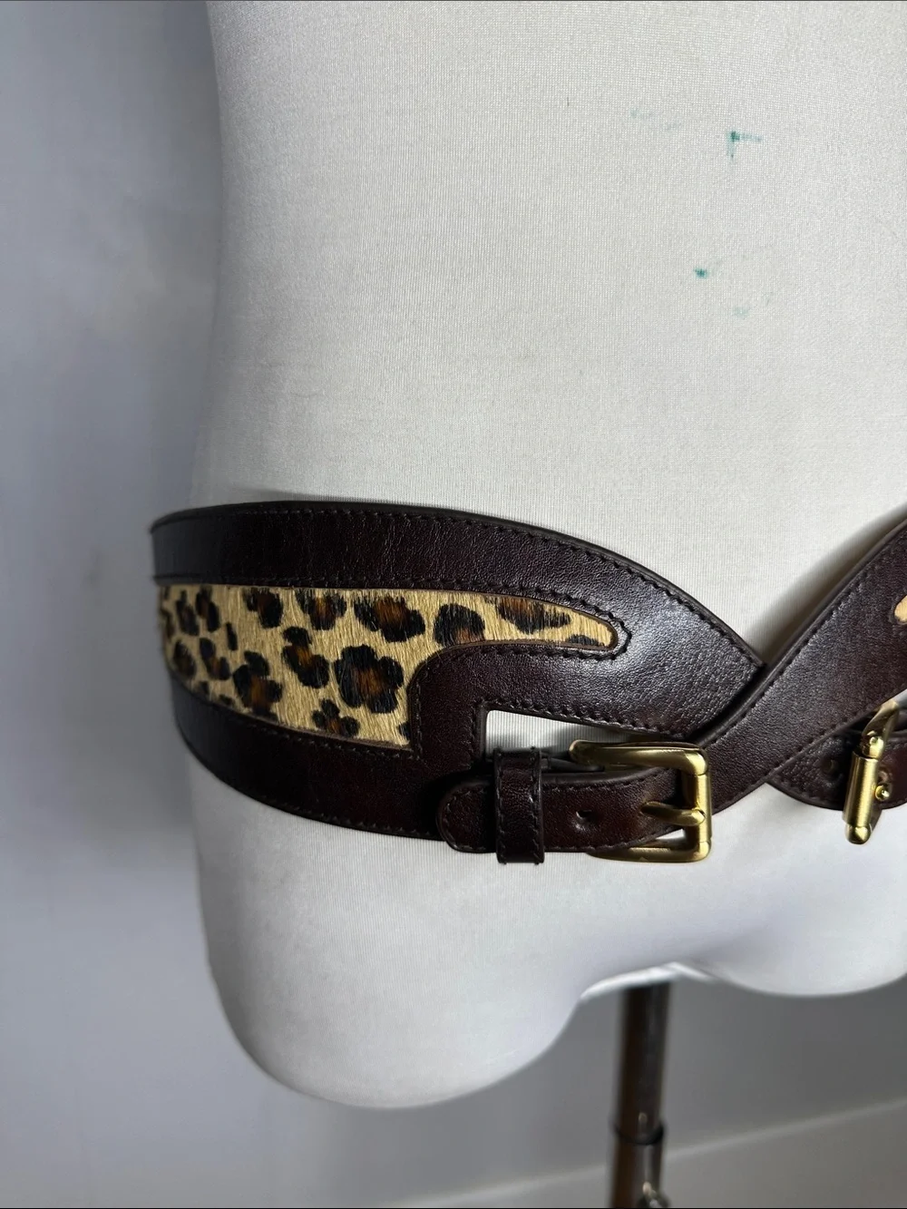 Vintage Genuine Leather Dyed Cheetah Real Cow Fur Double Buckle Belt